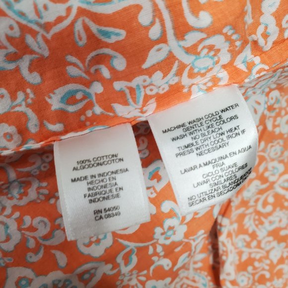 JNY Signature Sz XL Blouse Button Front Floral Roll Tab Cotton Side Vents Orange - Picture 8 of 14